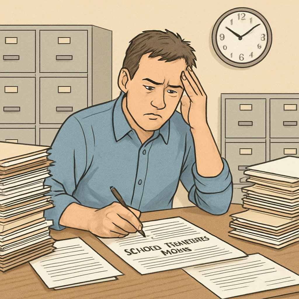 A frustrated parent filling out complex school transfer forms in an office setting, symbolizing bureaucratic obstacles. Parent struggling with school district transfer paperwork.