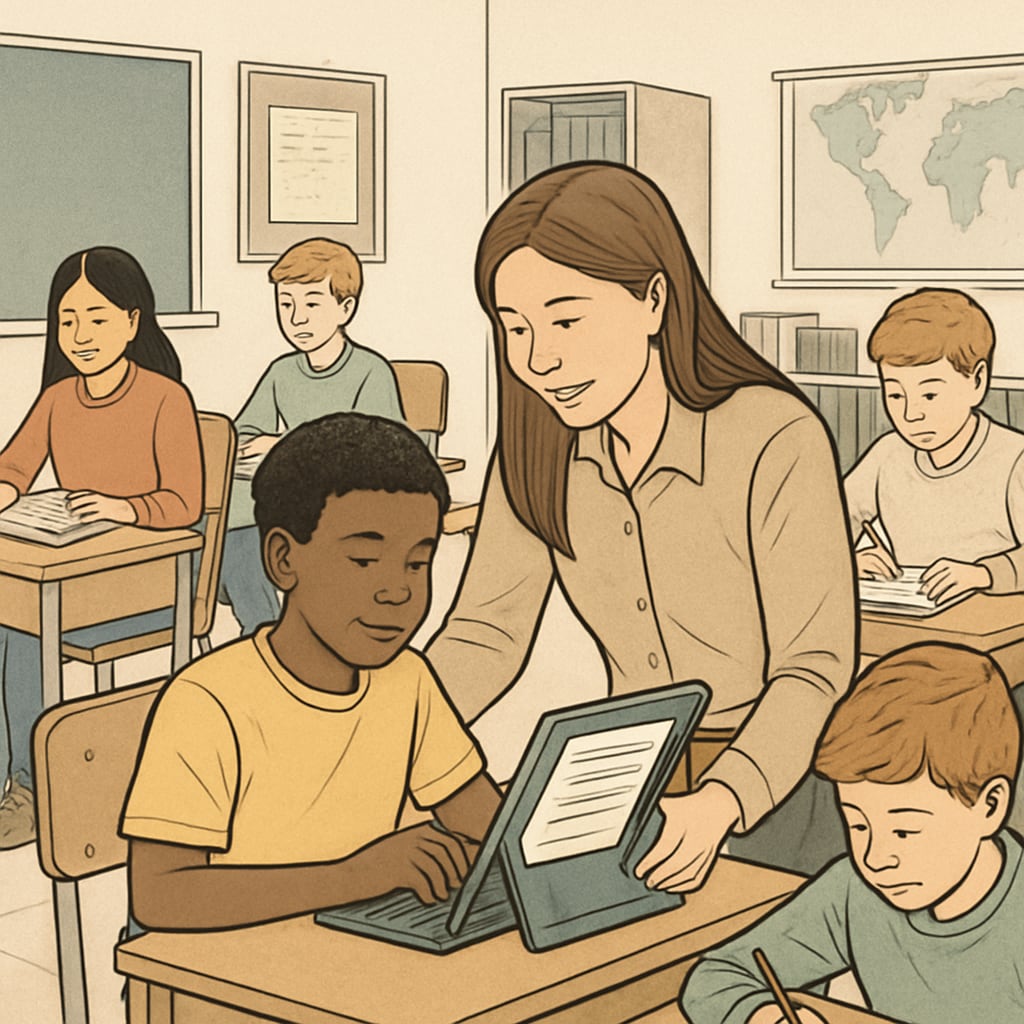 A group of diverse students in a classroom setting, with one teacher assisting a student who is working with adaptive learning tools. Diverse students in a classroom setting with adaptive tools supporting learning disabilities.