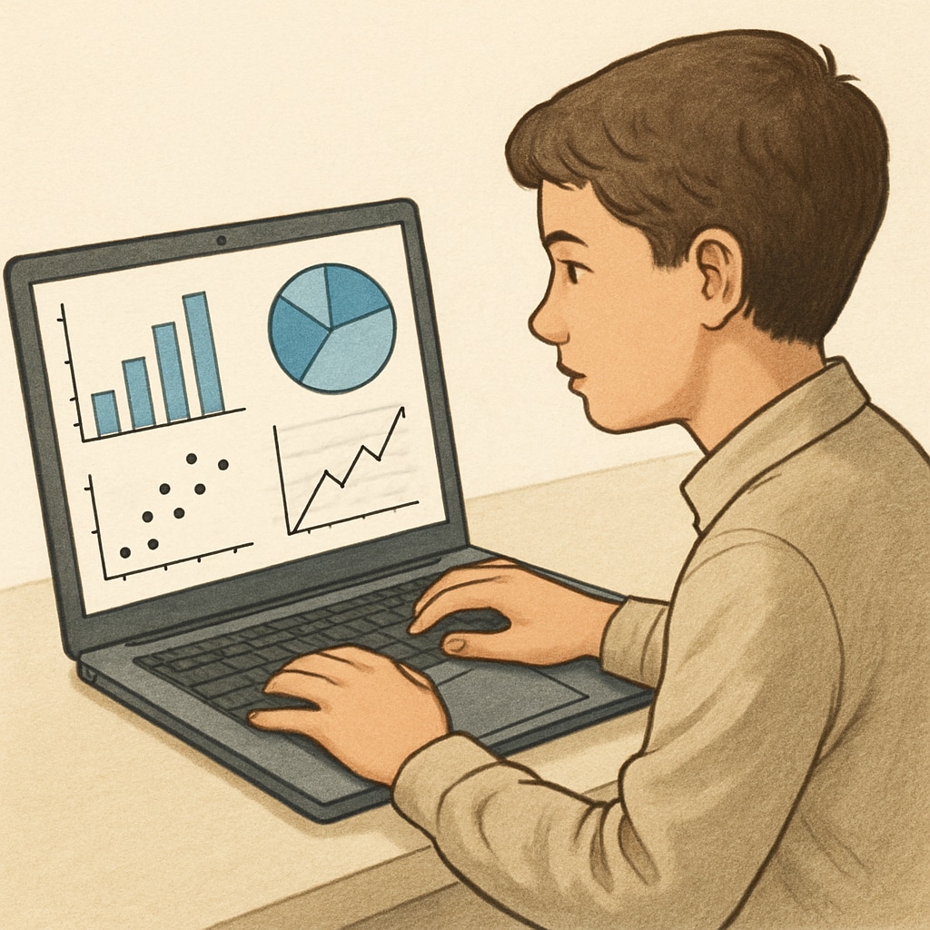 A student coding on a laptop, showcasing data visualization on the screen. A student creating data visualizations on a laptop during a coding session.