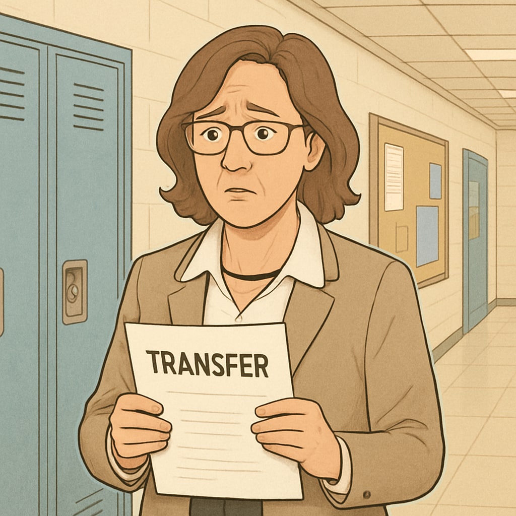 A teacher or administrator holding transfer paperwork, looking hesitant in a school corridor, representing administrative resistance. School administrator questioning transfer paperwork in a hallway.