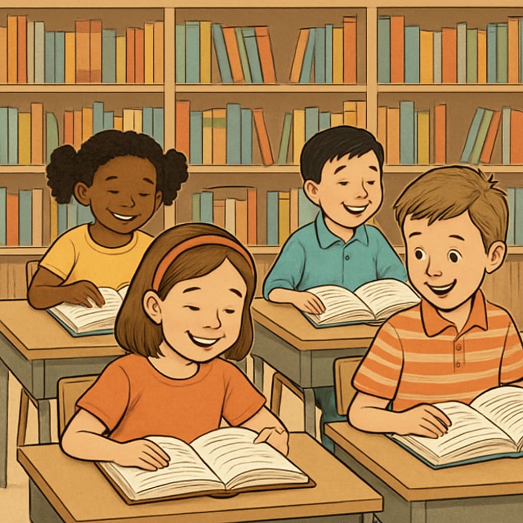 A classroom scene with children reading books, promoting intrinsic reading interest. Children in a classroom reading books to cultivate intrinsic reading interest.