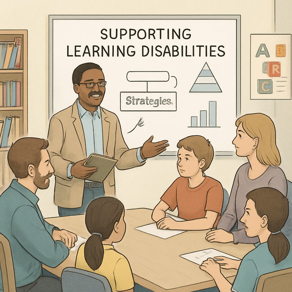 An educator conducting a workshop with parents and students, discussing strategies to support learning disabilities in academic settings. Educator leading a workshop on supporting students with learning disabilities.
