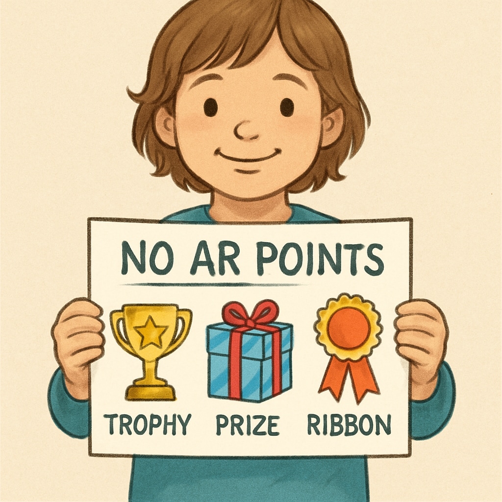 A child holding up a drawing related to a book they read, illustrating creative alternatives to AR points. A child showing a drawing inspired by a book they read, emphasizing creative engagement.