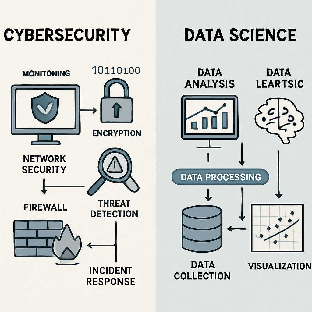 A visual comparison of cybersecurity and data science roles, showing their key functions and tools. Cybersecurity and data science comparison chart