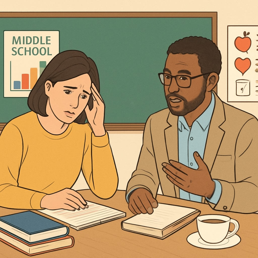 A concerned parent and teacher discussing strategies to help a middle schooler improve academically and develop healthier habits. A parent and teacher working together to support a struggling middle school student.