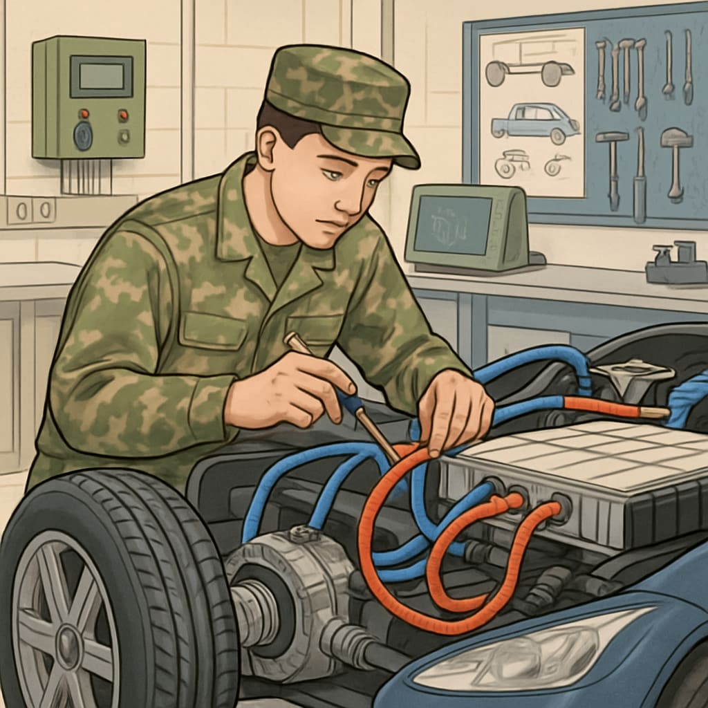 A student in a military uniform working on an electric vehicle in a technical lab. Military student working on electric vehicle automotive technology lab