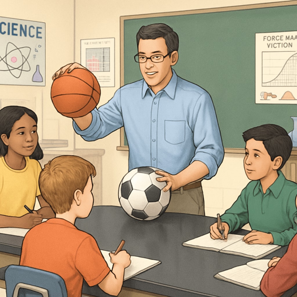 A teacher using a sports-related science experiment to engage a group of middle school students. A teacher incorporating sports into a science lesson to motivate students.