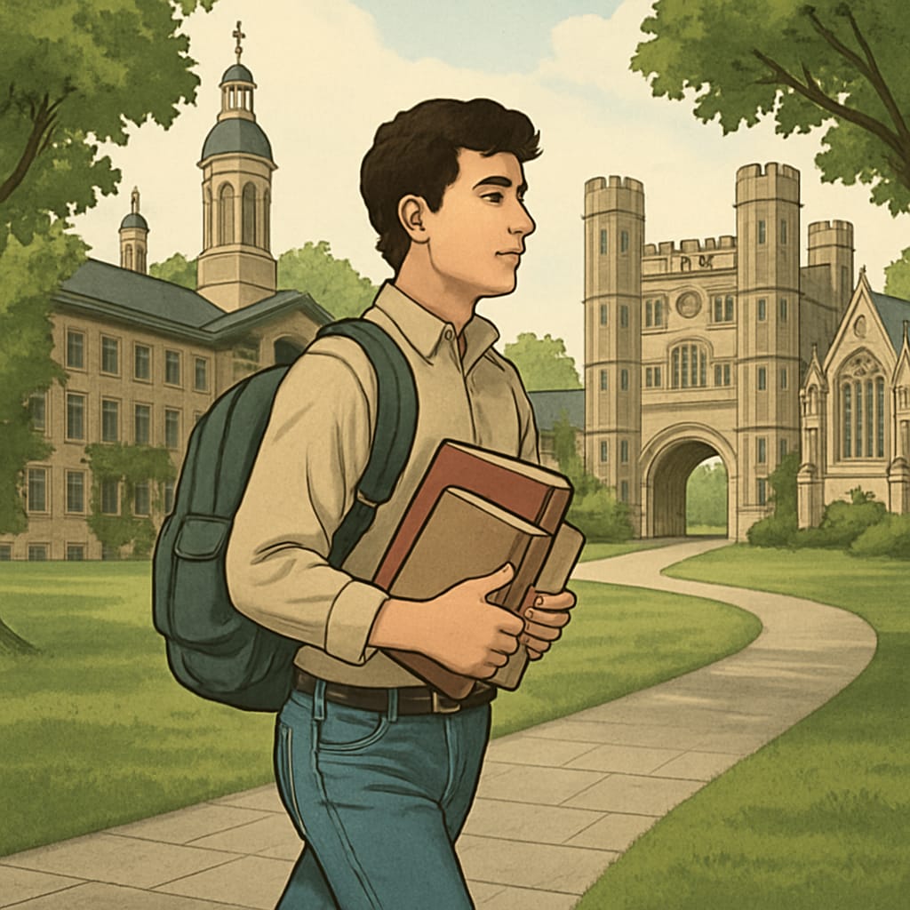 A student walking through Princeton's campus, illustrating educational privilege. A student walking at Princeton University campus, symbolizing exclusivity in education.