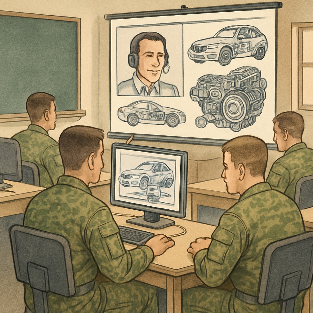 A classroom with military students attending an online lecture on automotive technology. Military students in online automotive technology lecture