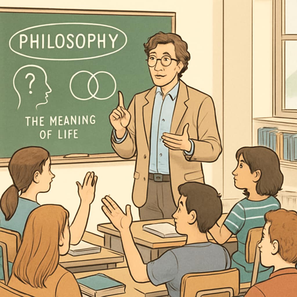 A classroom setting with a teacher leading a discussion on philosophical concepts, surrounded by engaged students. Philosophy teacher leading a discussion in a classroom during a social experiment.