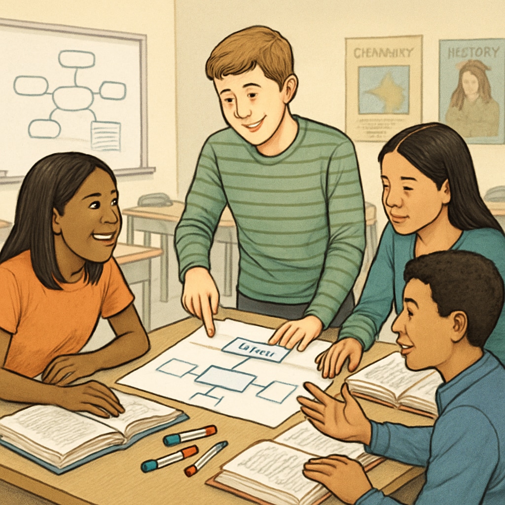 A classroom setting where students are engaged in a collaborative leadership activity. Students engaged in a leadership activity, showcasing teamwork and communication skills.