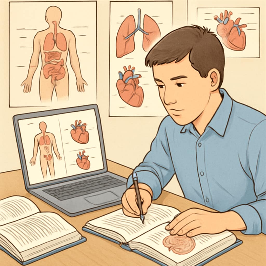 A person studying medical concepts with a laptop and textbooks. Non-medical individual learning cardiology through online courses and study materials.