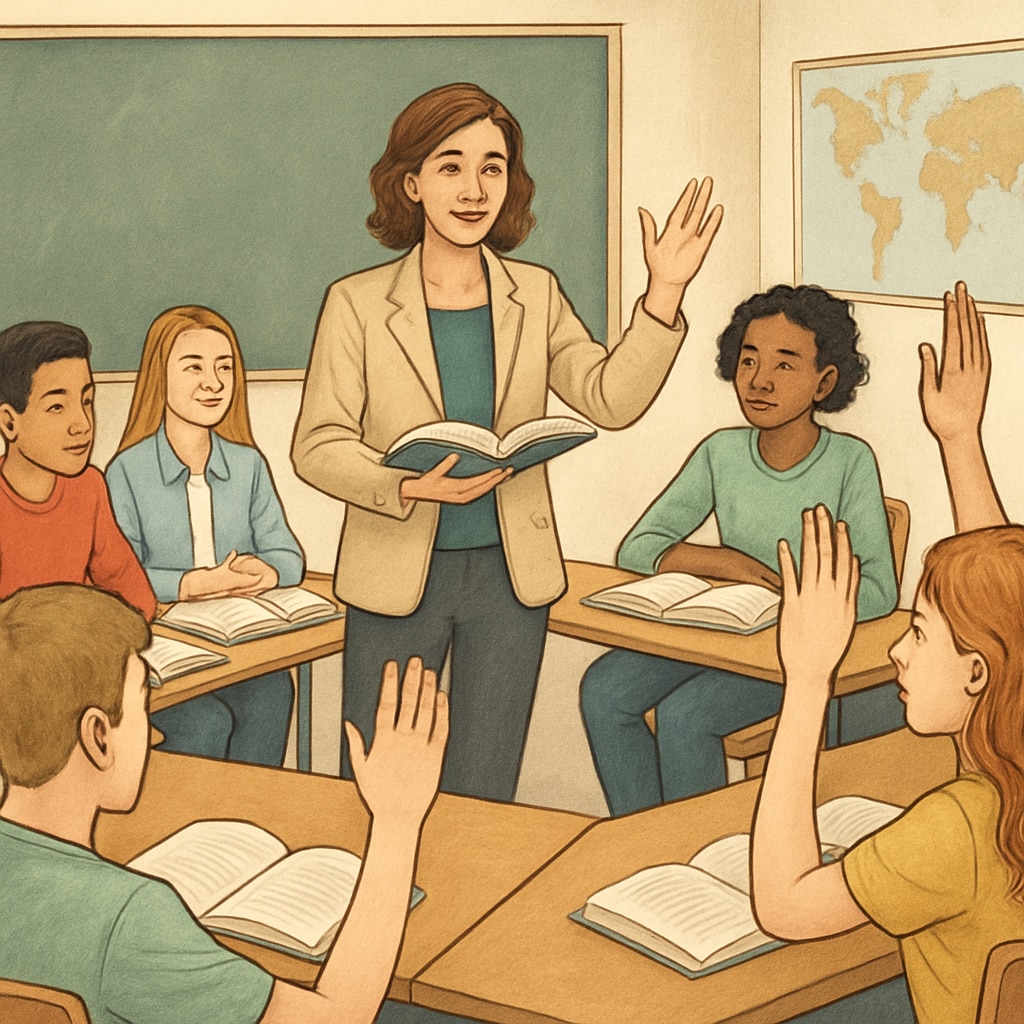 A teacher and a group of students engaging in a Socratic seminar, with students raising hands to participate. Philosophy teacher and students engaging in a Socratic seminar as part of a volunteer-led initiative.