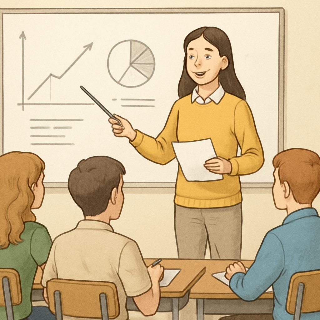 A young female student confidently giving a presentation to her classmates. Female student presenting in a classroom, demonstrating communication and leadership skills.