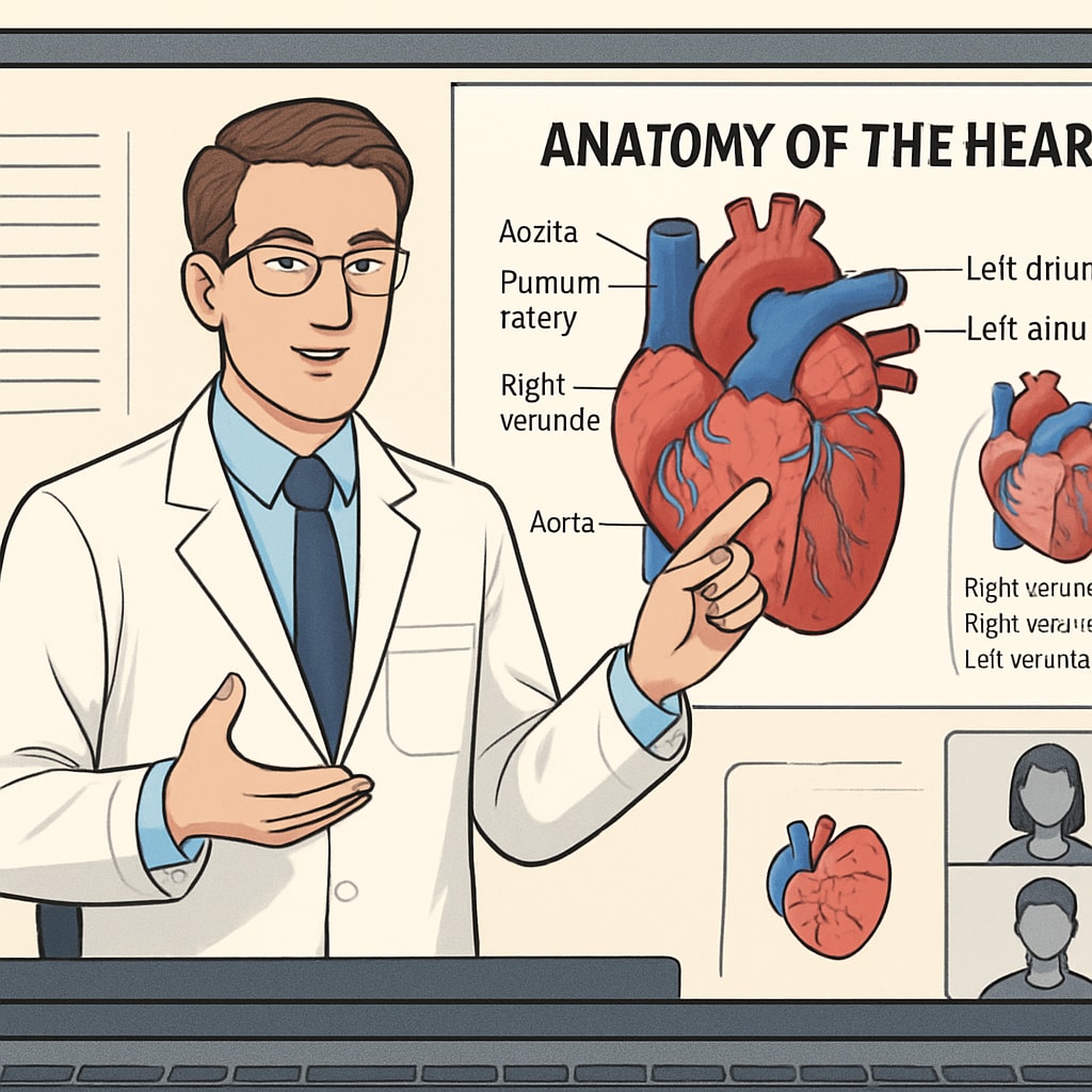 A virtual classroom session with a medical professional explaining heart anatomy. Online session focusing on heart anatomy for non-medical learners.