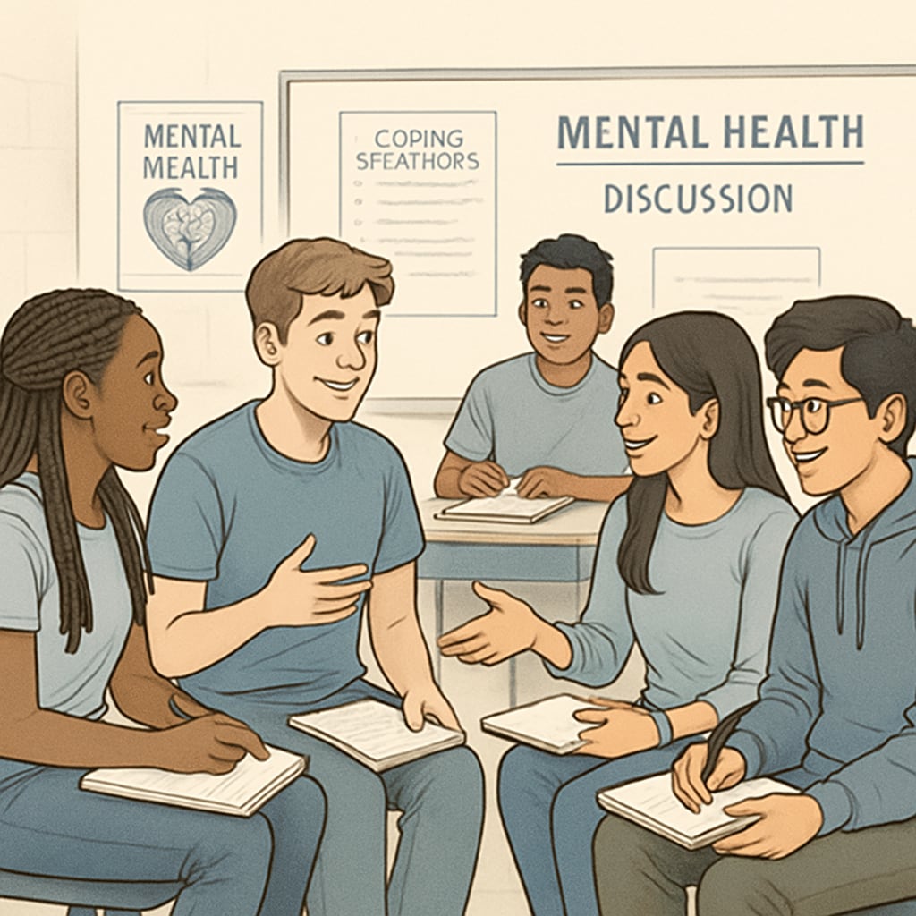 A diverse group of high school students participating in an interactive mental health workshop. High school students participating in a mental health workshop.