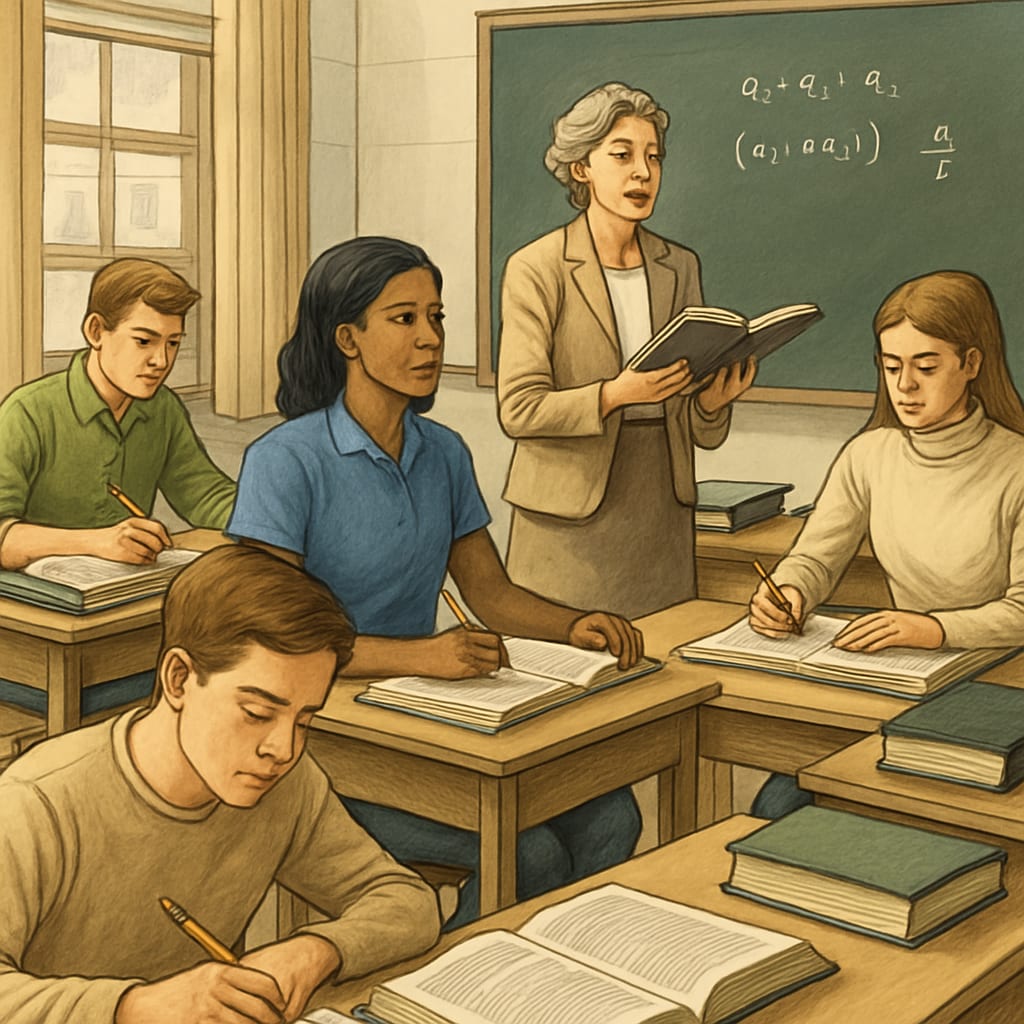 A classroom setting where students are engaged in advanced coursework, representing the concept of elite education programs. Students in a classroom engaged in advanced learning programs, related to education system, academic evaluation, resource allocation.