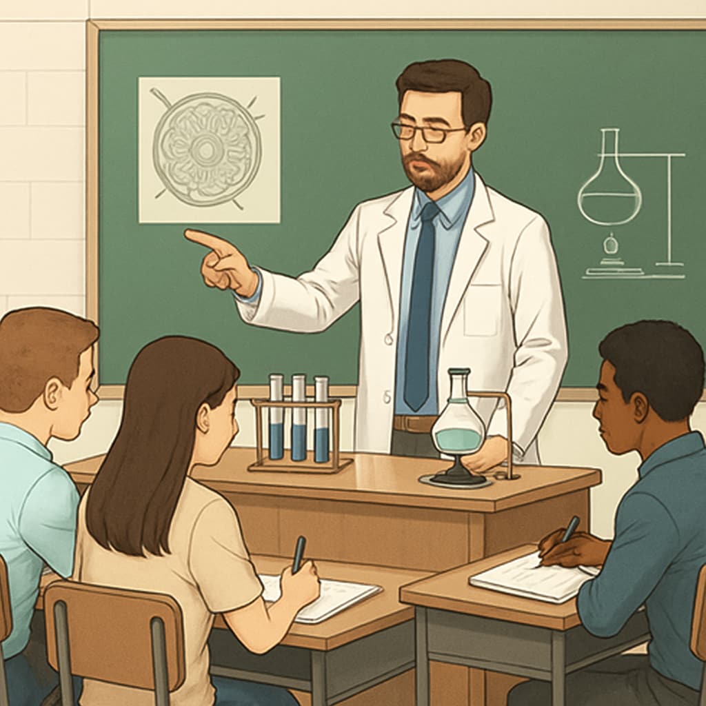 A classroom setting where a former biology student, now a teacher, is explaining a science experiment to high school students. Biology graduate teaching science in a high school classroom.
