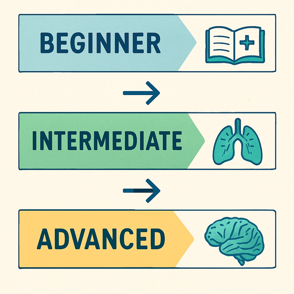 Structured learning steps diagram for medical education targeted at beginners.
