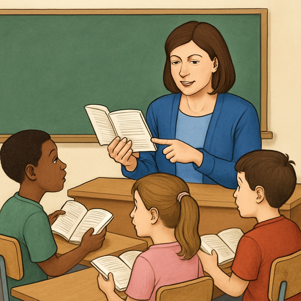 A teacher reviewing reading materials with students in a classroom. The image highlights the role of teachers in evaluating literacy materials for student learning. Teacher reviewing reading materials with students in a classroom.