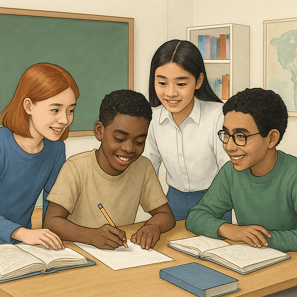 Students working collaboratively in a diverse and inclusive classroom environment, emphasizing equality in education policies. Students collaborating in a classroom, symbolizing equality-driven education policies and resource allocation.
