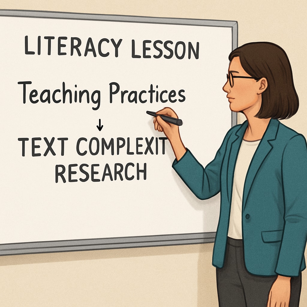 A teacher writing on a whiteboard during a literacy lesson. The image emphasizes the connection between teaching practices and text complexity research. Teacher writing on a whiteboard during a literacy lesson.