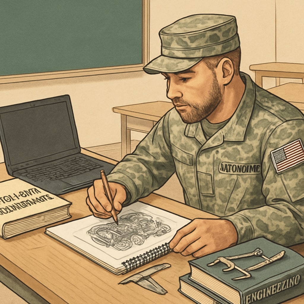 A military veteran studying automotive engineering at a university, with textbooks and a laptop on the desk. Military veteran studying automotive engineering with textbooks and laptop.