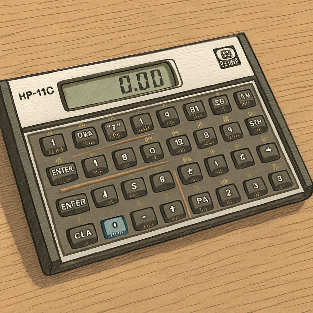 A classic HP 11c calculator on a wooden desk, showcasing its unique button layout and RPN functionality. HP 11c calculator displaying RPN functionality for mathematical thinking.