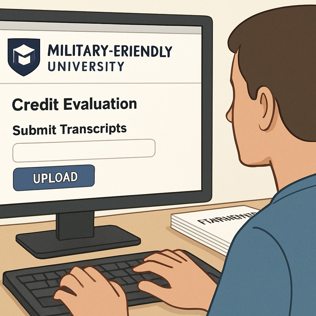 A close-up of a student submitting transcripts online for credit evaluation, with a focus on military-friendly university websites. Student submitting transcripts online for credit evaluation.