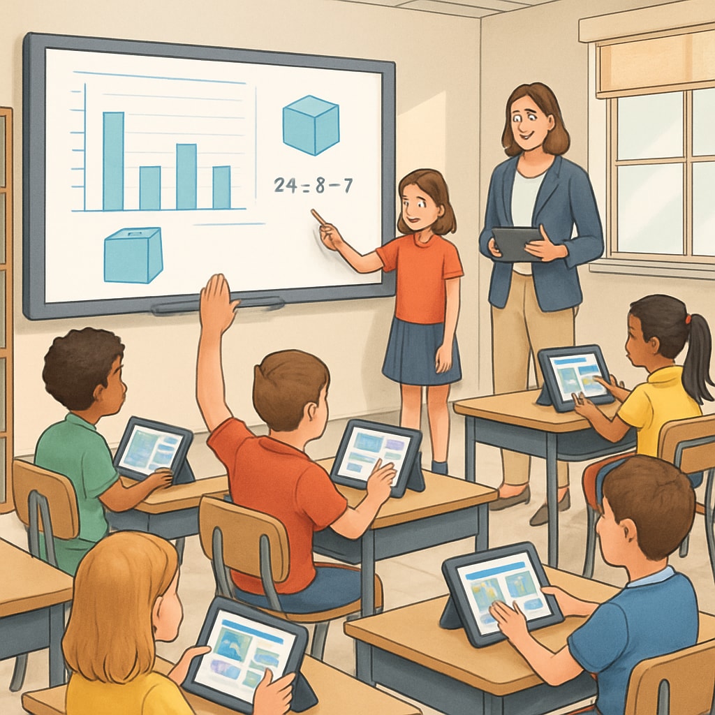 A photo of a public school classroom showcasing modern technology and engaged students, symbolizing efforts to compete with private institutions. Modern public school classroom with advanced technology and engaged students