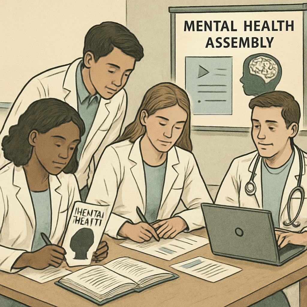 A group of medical students preparing materials for a mental health assembly, including brochures and multimedia slides tailored for high school students. Medical students organizing mental health materials for a high school assembly.