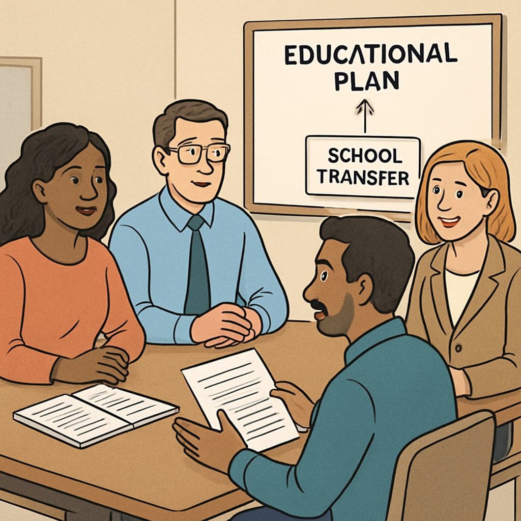 Two parents discussing an educational plan with school administrators in a meeting room to symbolize the importance of communication in school transfers. Parents meeting with school administrators about student transfers due to discrimination.