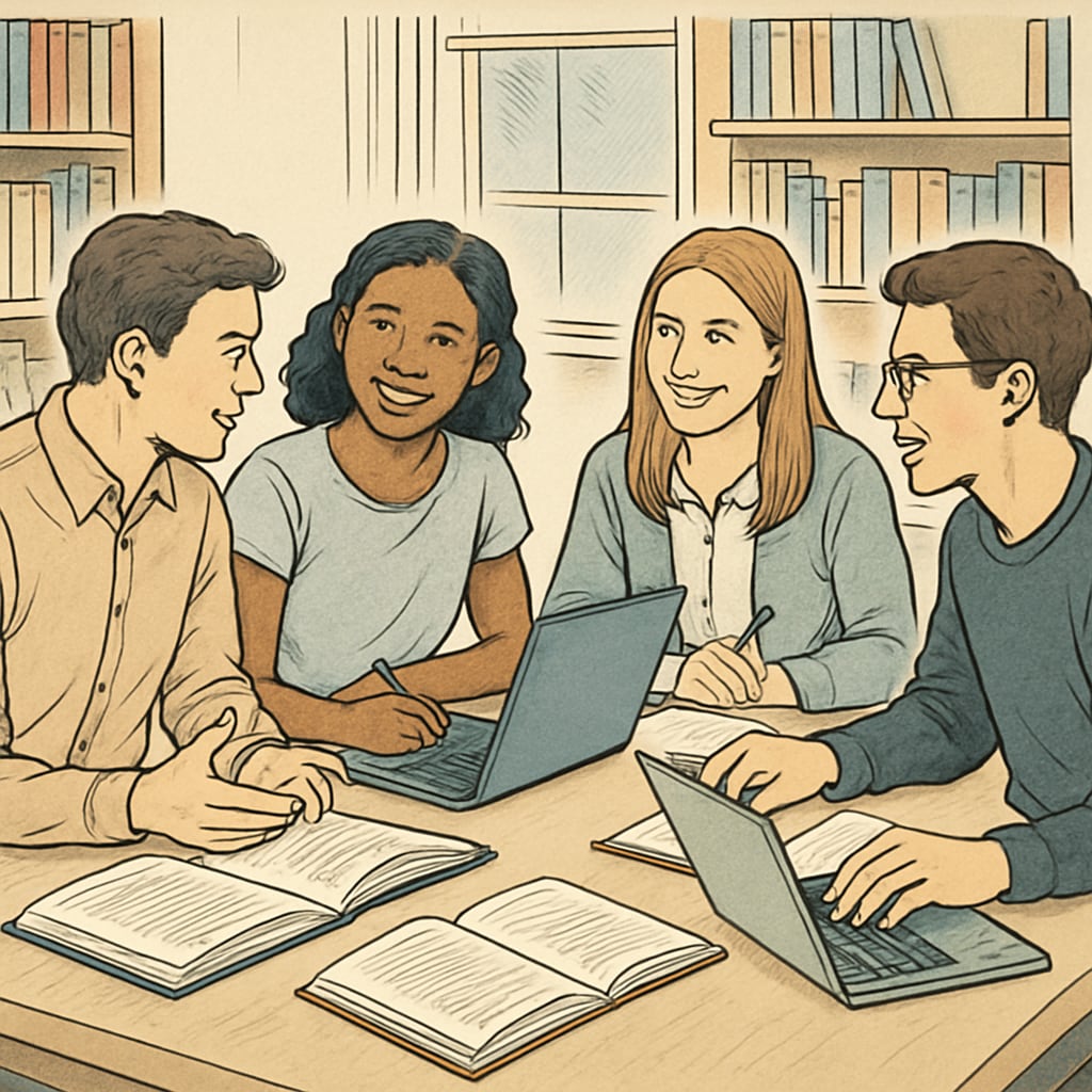 A group of university students collaborating in a study session, seated around a table with textbooks and laptops. University students engaging in a collaborative study group at Houston University.