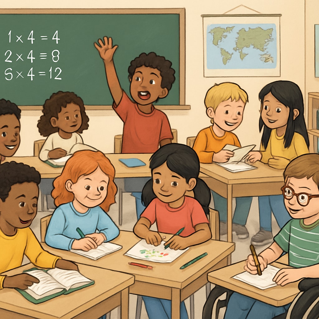 A classroom with diverse students engaging in activities, illustrating inclusivity and positive learning environments as a solution to school discrimination. Diverse students in an inclusive classroom as a representation of safe learning spaces.