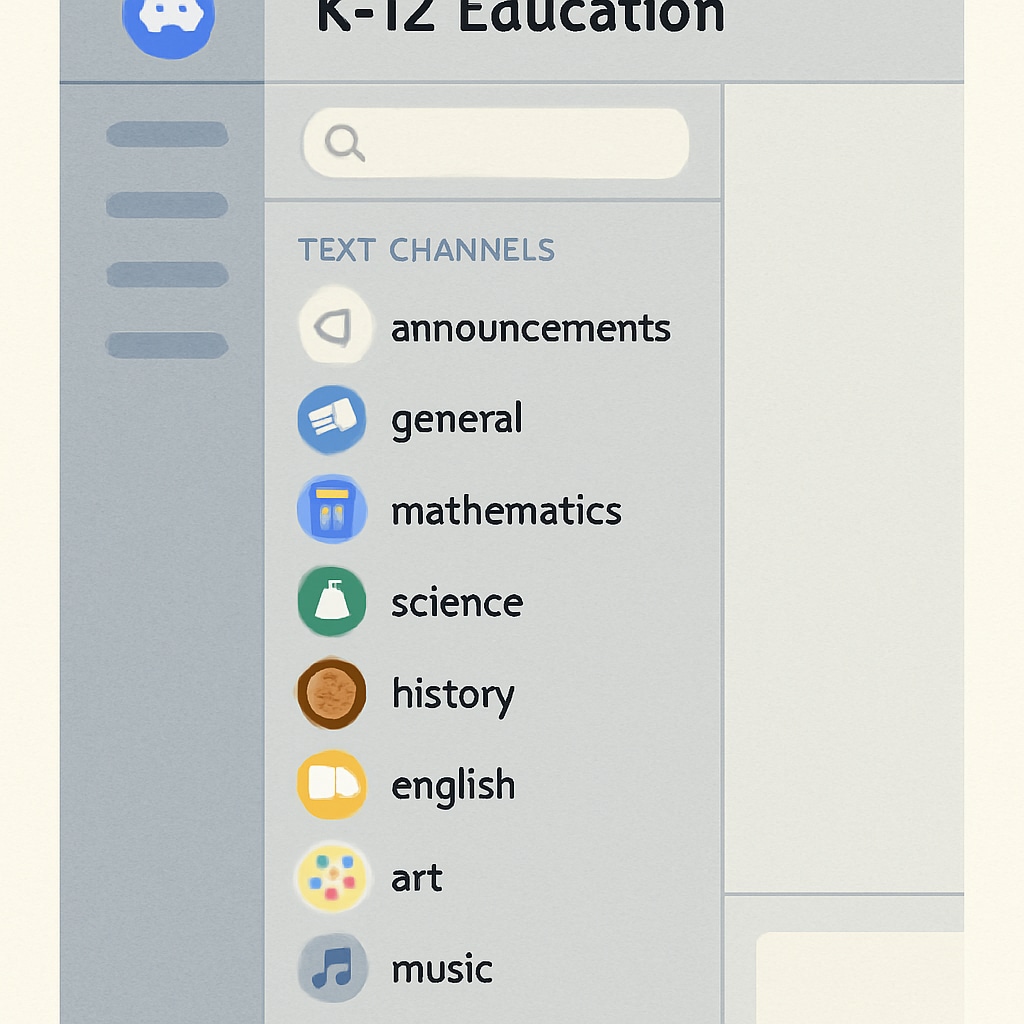 A screenshot of a Discord server with organized channels related to K12 education topics. Discord server showcasing channels for K12 Education discussions and resources.