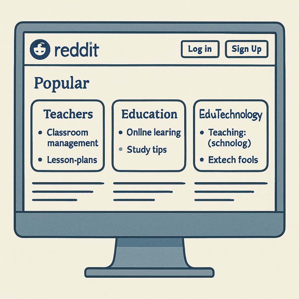 A screenshot of the Reddit homepage highlighting education-related subreddits. An image of Reddit's homepage showing education subreddits like r/education and r/Teachers.