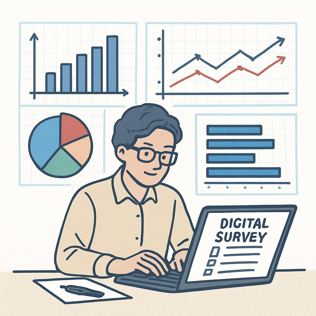 A researcher designing a digital survey on a laptop, with graphs and charts in the background representing data analysis. A researcher working on a digital survey to understand the impact of short videos on tourism decisions.