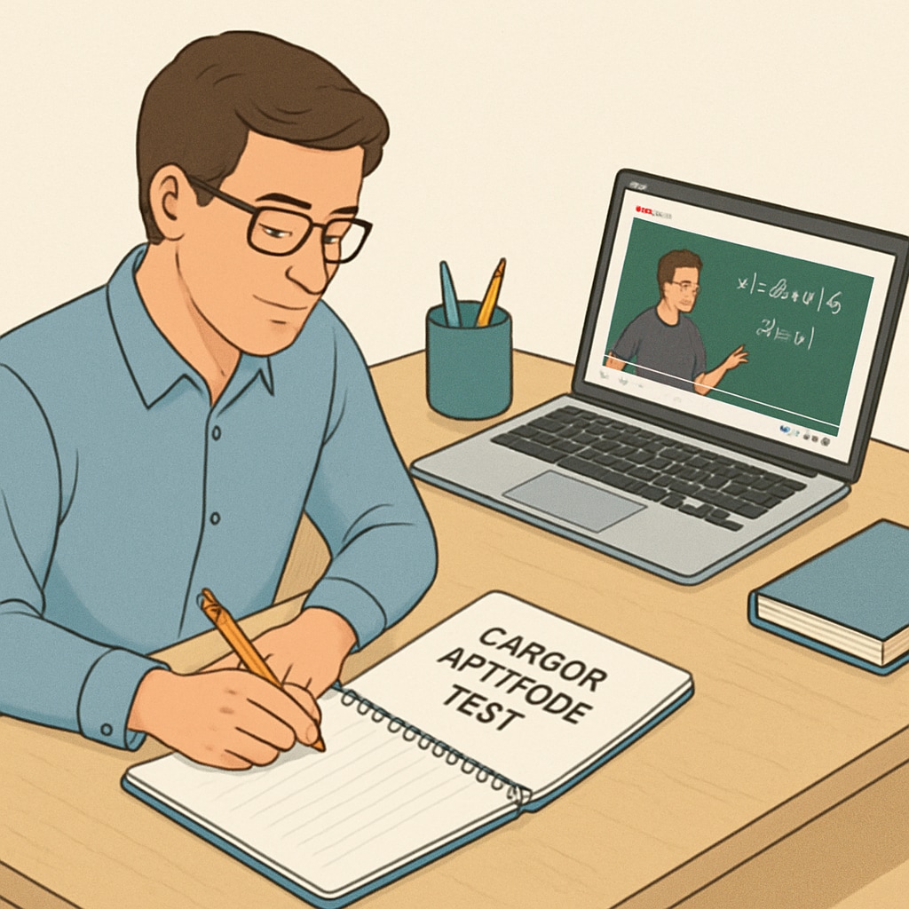 A stock image of a young professional preparing for a career aptitude test with a notebook and a laptop open to a math tutorial on YouTube. A person watching a math tutorial on YouTube to prepare for career aptitude tests.