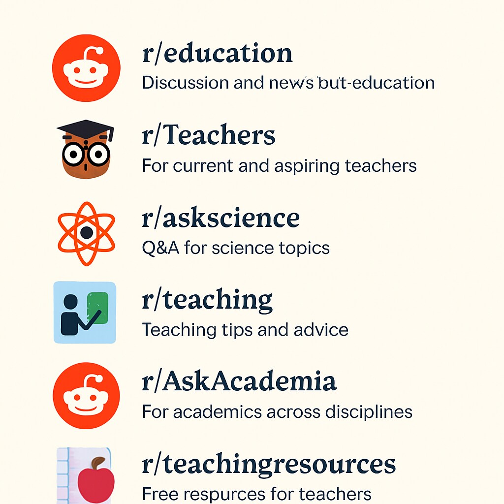A visual list of popular education subreddits with their icons and brief descriptions. A graphic showing subreddits like r/education, r/Teachers, and r/learnprogramming with summaries.