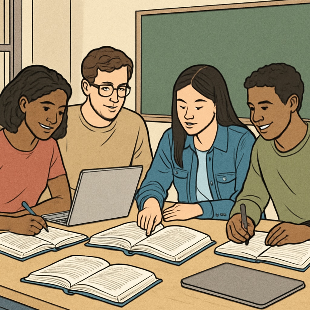 A diverse group of university students studying together at a table with books and laptops, representing study groups at the University of Houston. University of Houston study group with diverse students collaborating on academics.