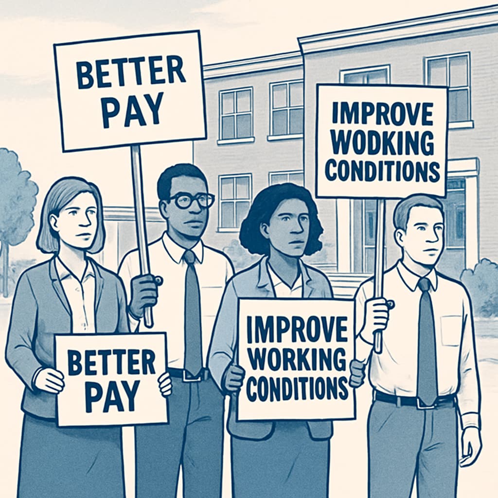 A group of teachers holding protest signs outside a school, emphasizing their demands for better pay and working conditions. Teachers protesting outside a school, demanding better pay and working conditions.