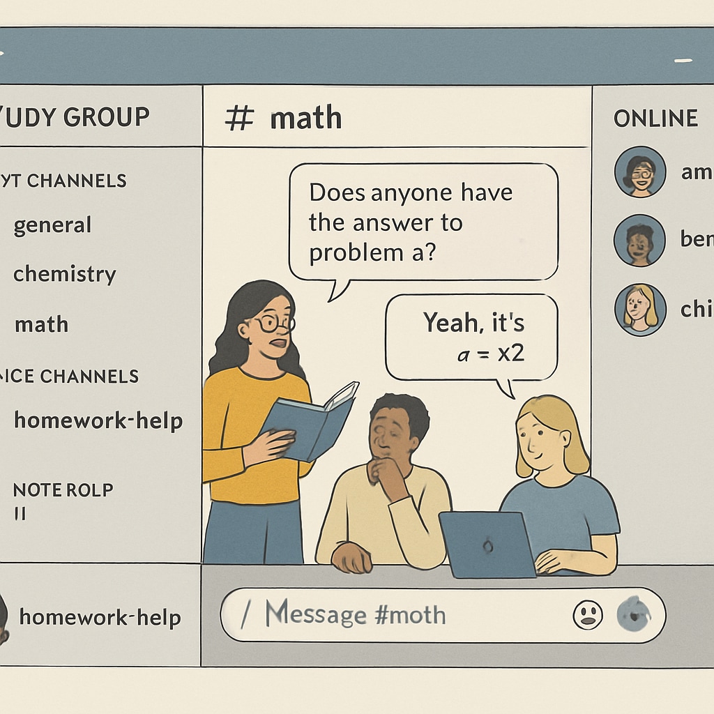 A screenshot of a Discord server interface showing students collaborating on academic topics, highlighting its use for study groups. Discord interface used by University of Houston students for study groups.
