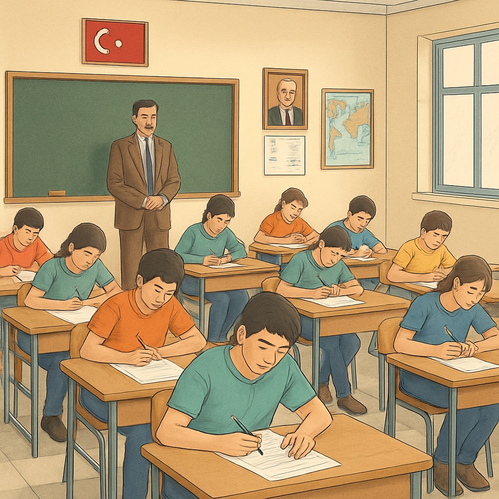 Students taking exams in Turkey, showing exam-driven education.