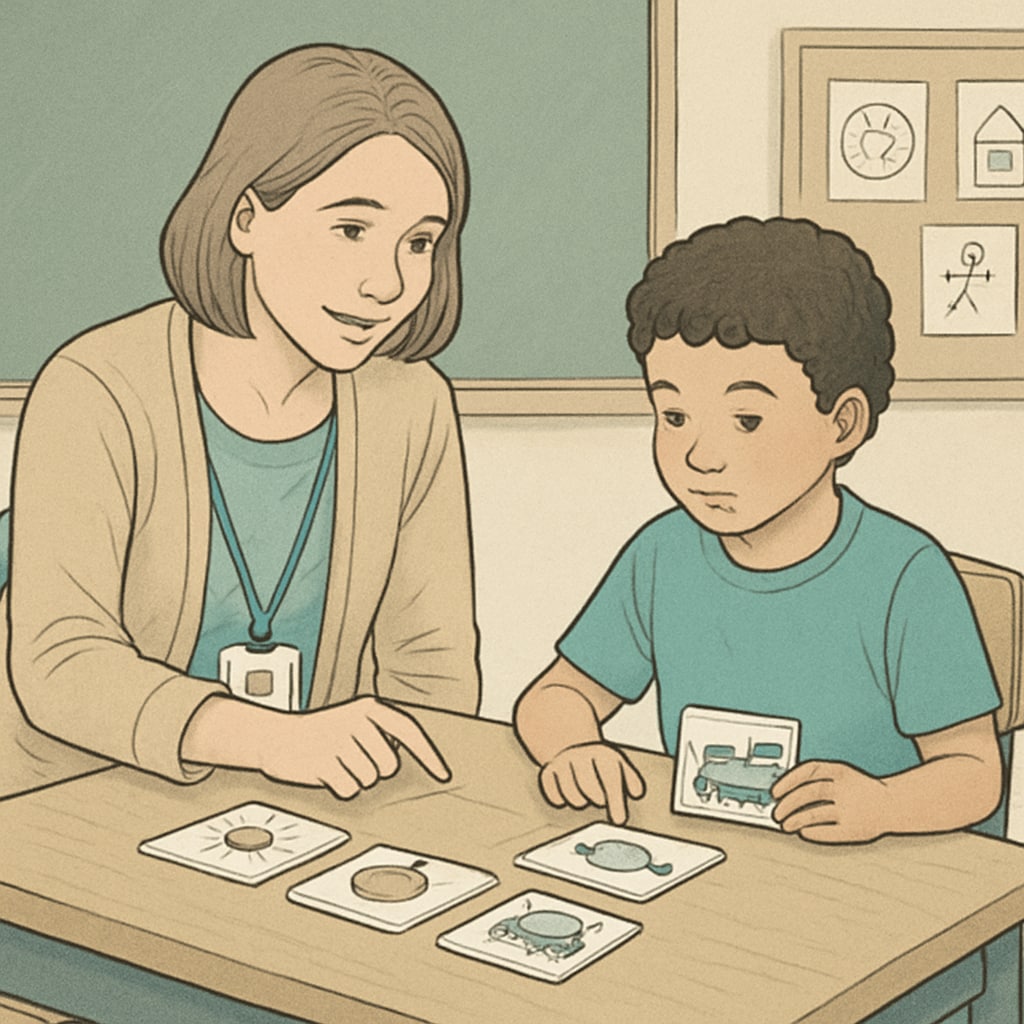 A classroom assistant working closely with a child on the autism spectrum, using visual learning tools like picture cards. Teacher assistant using visual aids to support a child on the autism spectrum.