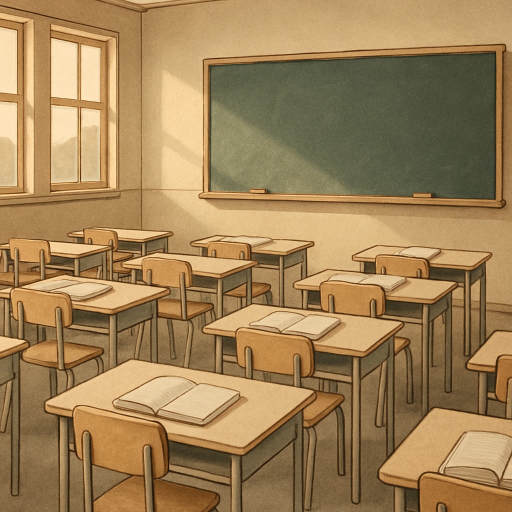 A classroom with empty desks, symbolizing the absence of teachers and the impact on students. Empty classroom desks highlighting teacher absences and their effect on students.
