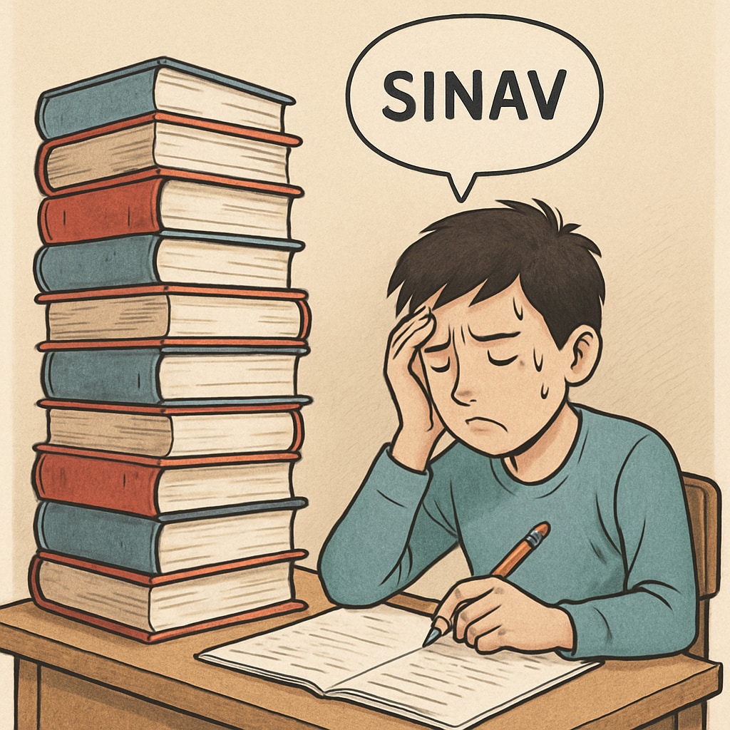 A stressed student surrounded by books, representing exam pressure.