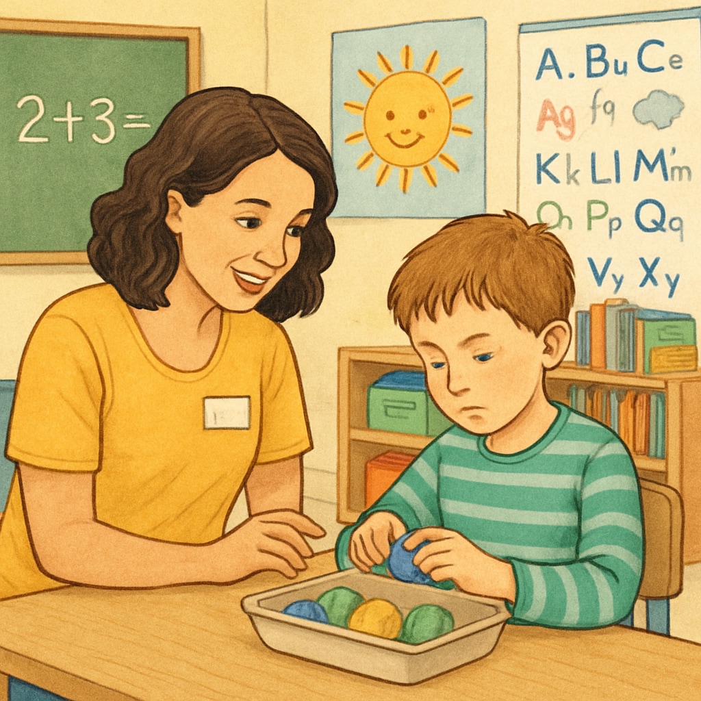 An inclusive classroom setting where a teacher assistant uses a sensory-friendly activity with a child on the autism spectrum. Teacher assistant engaging with a child on the autism spectrum in a sensory-friendly classroom.