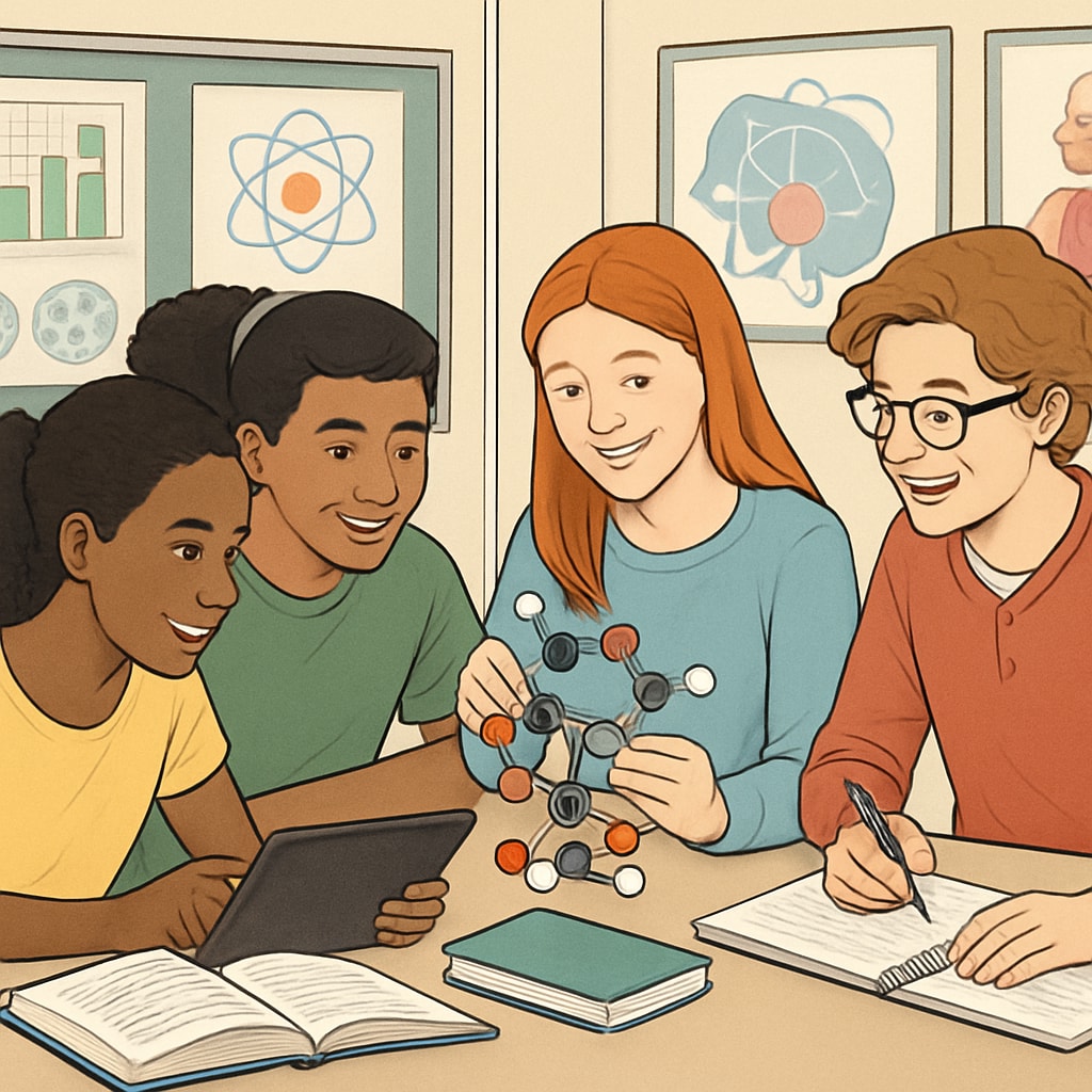 A diverse group of high school students collaborating on a science project with visual aids and language tools. This image reflects the inclusive and supportive learning environment discussed in the article. High school students collaborating on a science project with visual aids and language tools.