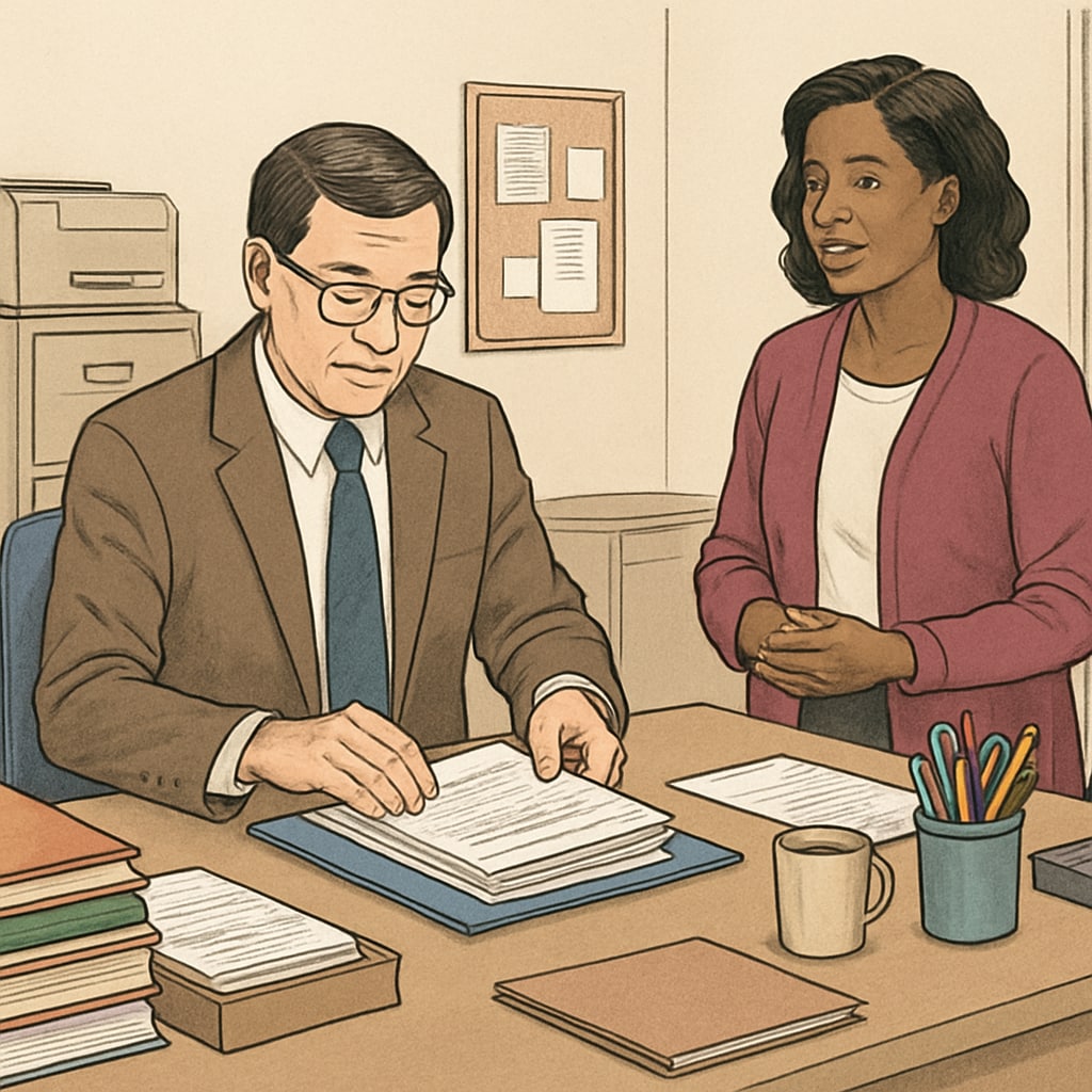 A school administrator working at their desk, organizing documents and interacting with staff. School administrator managing tasks in line with school schedules.