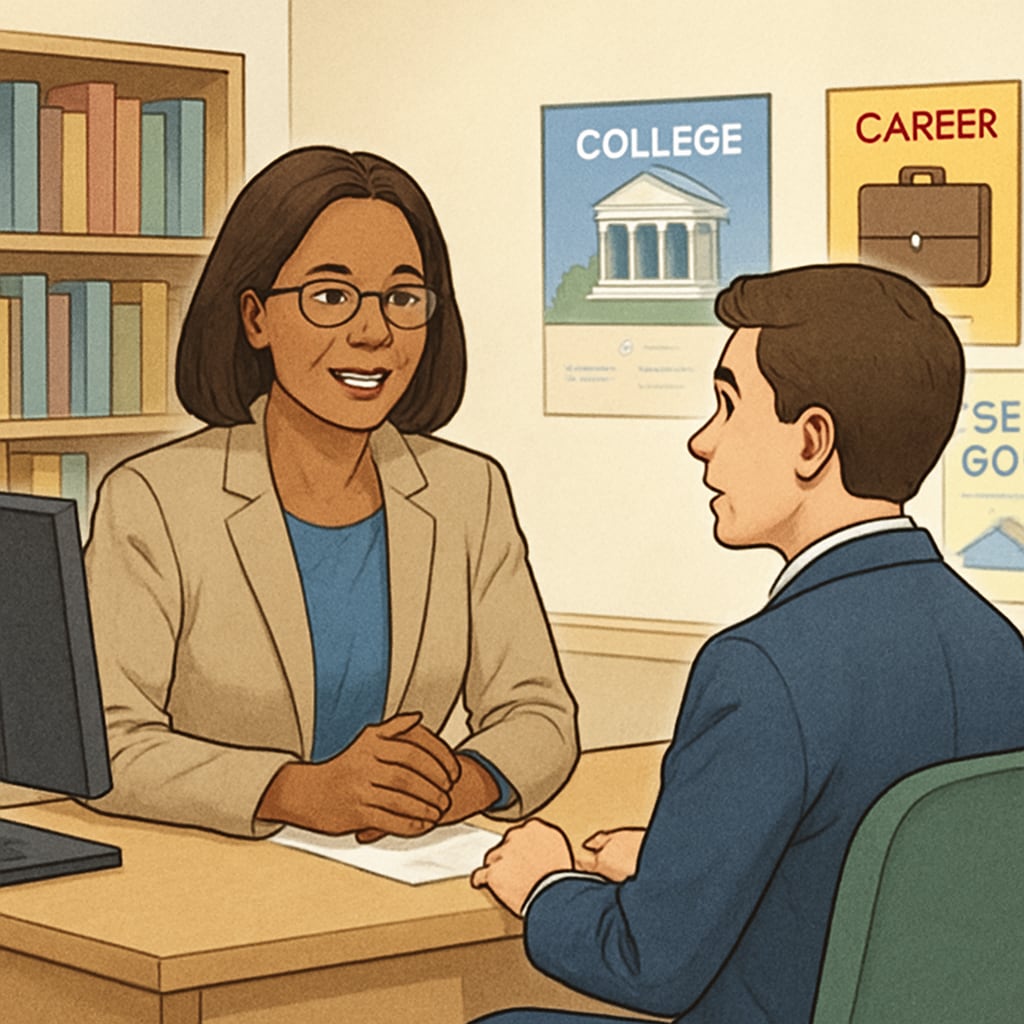 A guidance counselor talking to a student in a school office setting. Guidance counselor helping a student with academic and personal challenges.